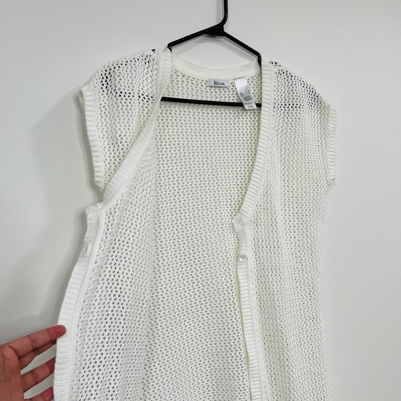 Women's White Cotton Open Knit Sleeveless Cardigan Vest Two Button V Neck - Picture 5 of 9